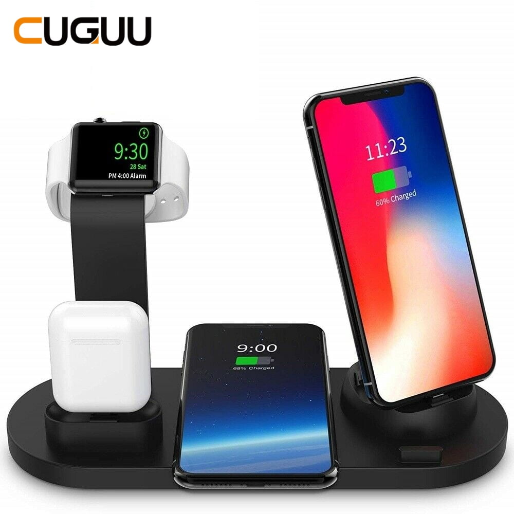 Qi Wireless Charger Dock 4 in 1 for Apple Watch iPhone AirPods, Micro USB Type C, Stand Fast 